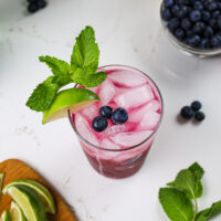 蓝莓Mojito的图象装饰用新鲜的蓝莓，小树枝和石灰楔子