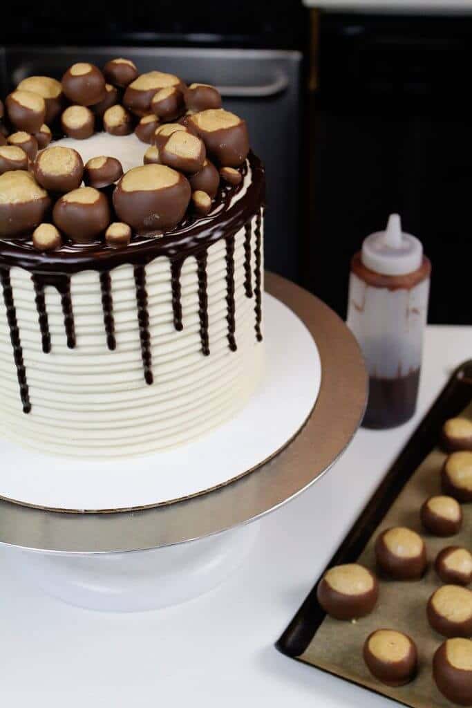 用花生酱果冻和巧克力蛋糕层制造的Buckeye蛋糕的图象