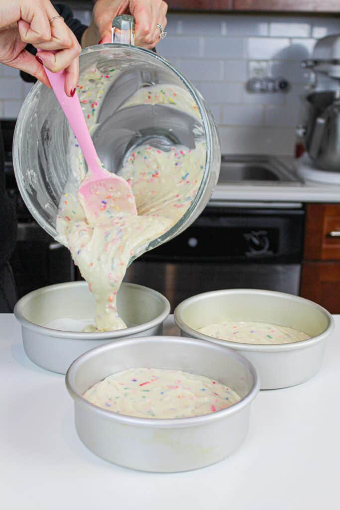 倾吐的funfetti蛋糕面团的图象三，6英寸蛋糕平底锅