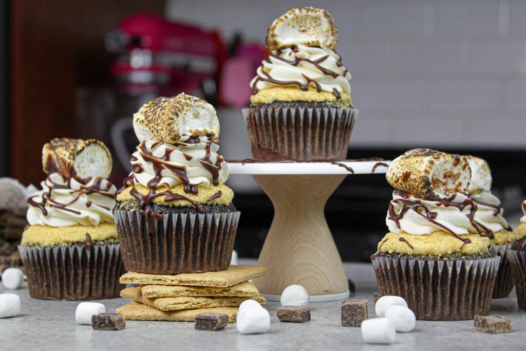 上面是烤棉花糖的smores纸杯蛋糕