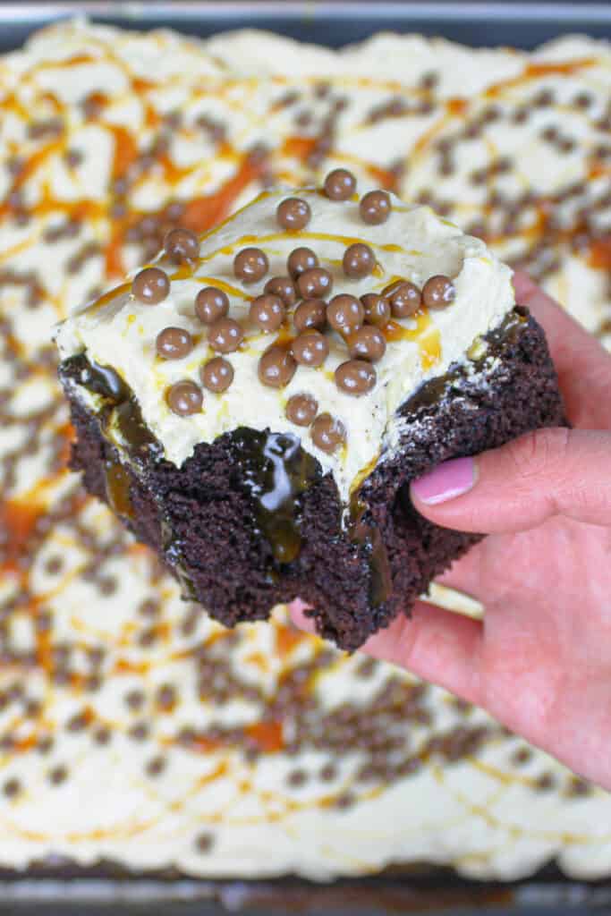 巧克力焦糖蛋糕戳切片的图像