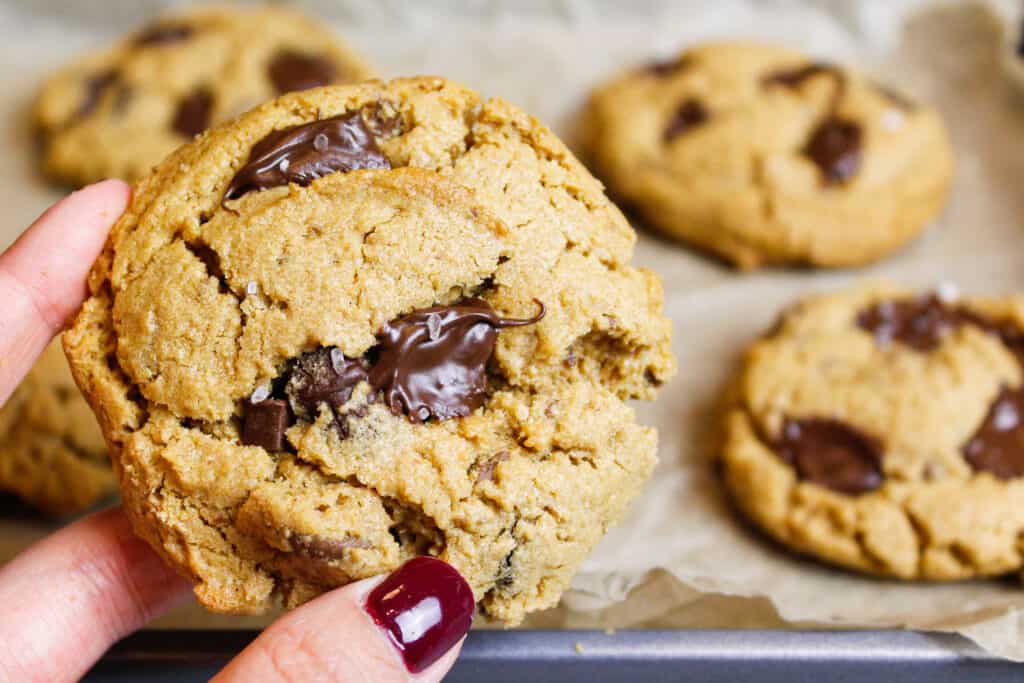 无畏的花生酱曲奇饼照片在手中显示熔化巧克力片