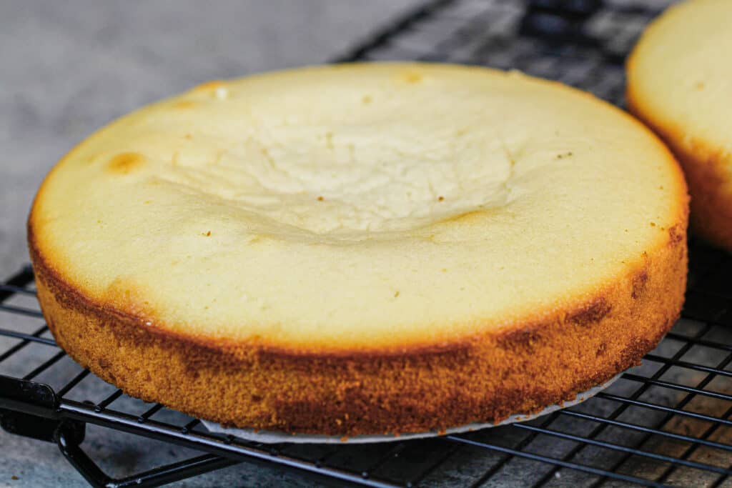 image of cake layer that was under baked, so the center of the layer sunk in