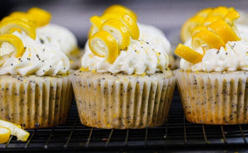 柠檬罂粟种子杯形蛋糕的图象装饰着乳脂干酪结霜的