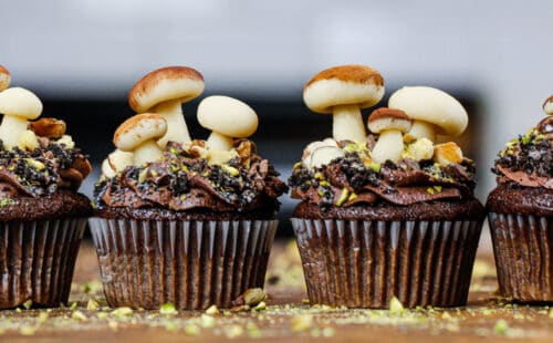 用巧克力奶油和可食用的杏仁软糖做成的蘑菇纸杯蛋糕