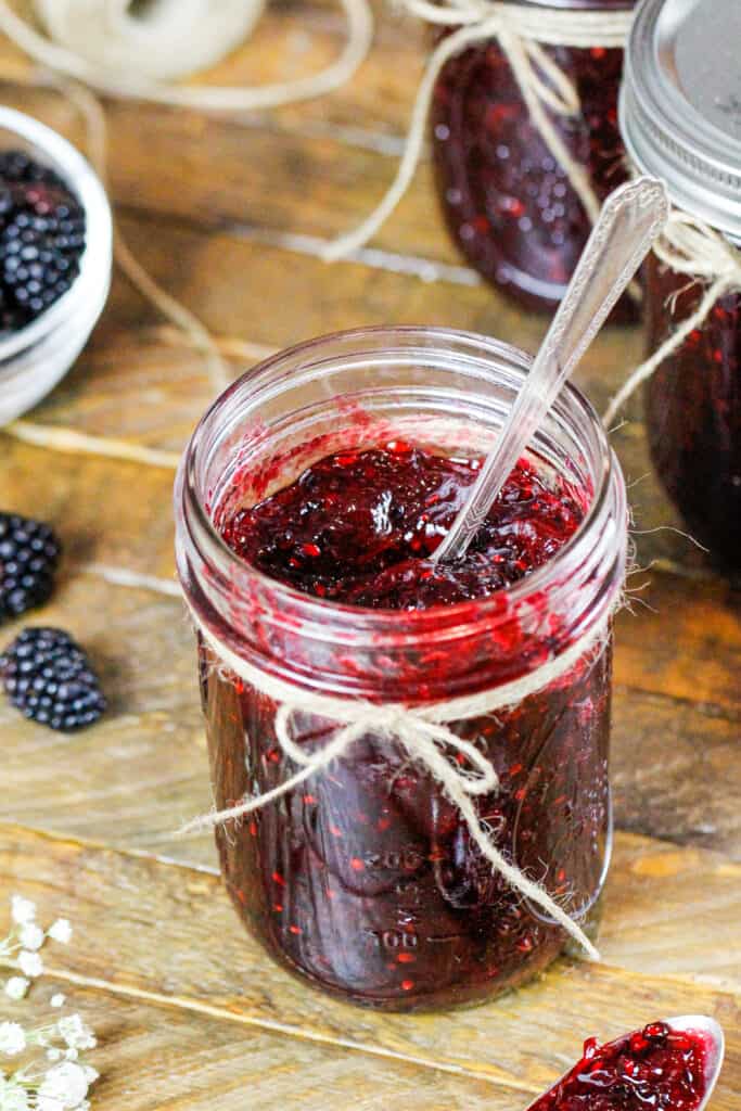 在一个可爱的玻璃瓶黑莓果酱冷冻用麻线拴的图像