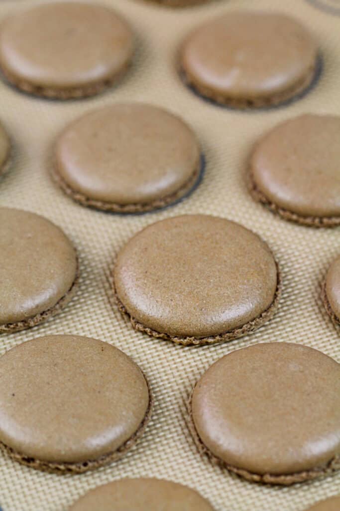 巧克力macaron壳的图象在硅砾席子和冷却烘烤了