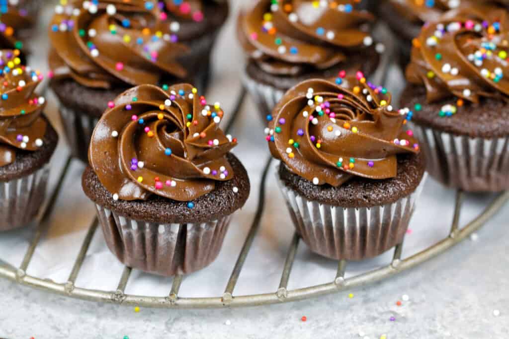 用黑巧克力糖霜和彩虹装饰的迷你巧克力杯形蛋糕的图象洒