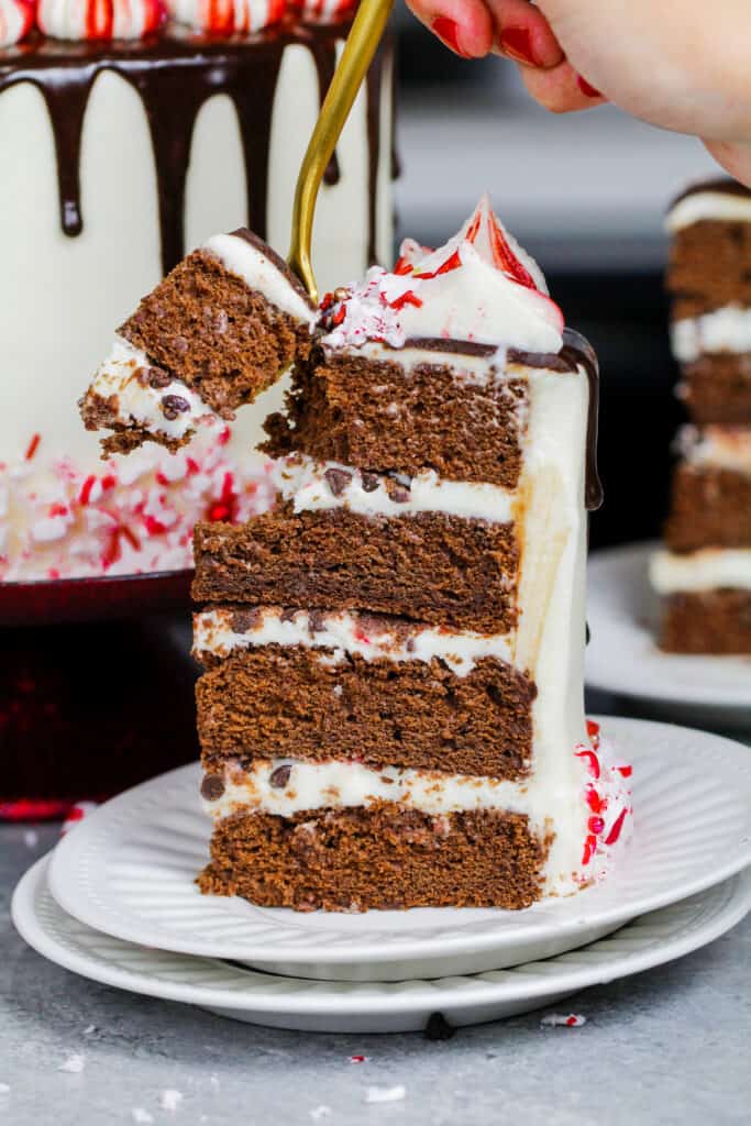 图像一片薄荷摩卡蛋糕被切成用叉子