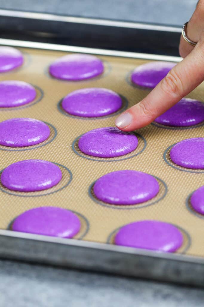 被送去的紫色macaron面糊的图象并在被烘烤之前休息形成皮肤