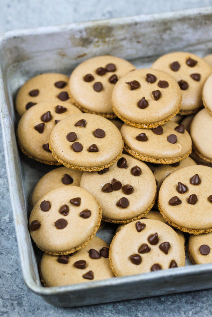 饼干面团马卡龙壳的图像，上面放着迷你巧克力片，使它们看起来像小饼干