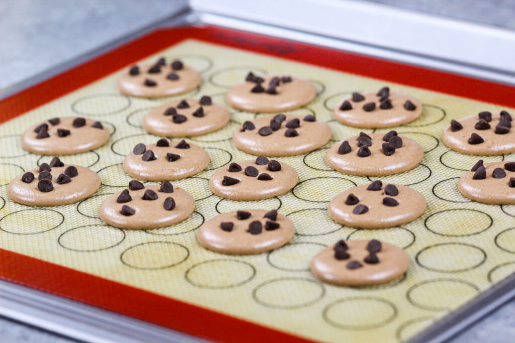 饼干面团马卡龙贝壳的图像上面放着迷你巧克力片，使它们看起来像小饼干，并在烘烤之前休息以发育皮肤