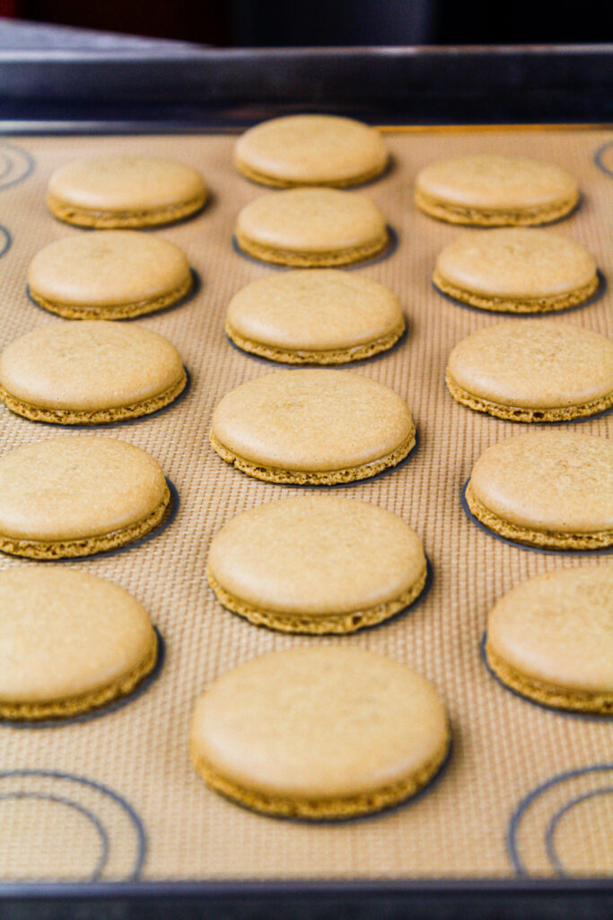 咖啡的图象味道的法国macaron壳被烘烤并且被冷却在。淤泥垫