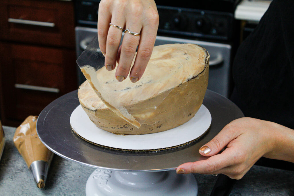 刺猬蛋糕的图象在它在装饰之前被涂上碎屑