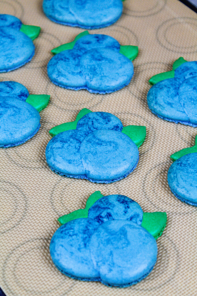 蓝莓马卡龙的外壳已经烤好，有完美的小脚丫