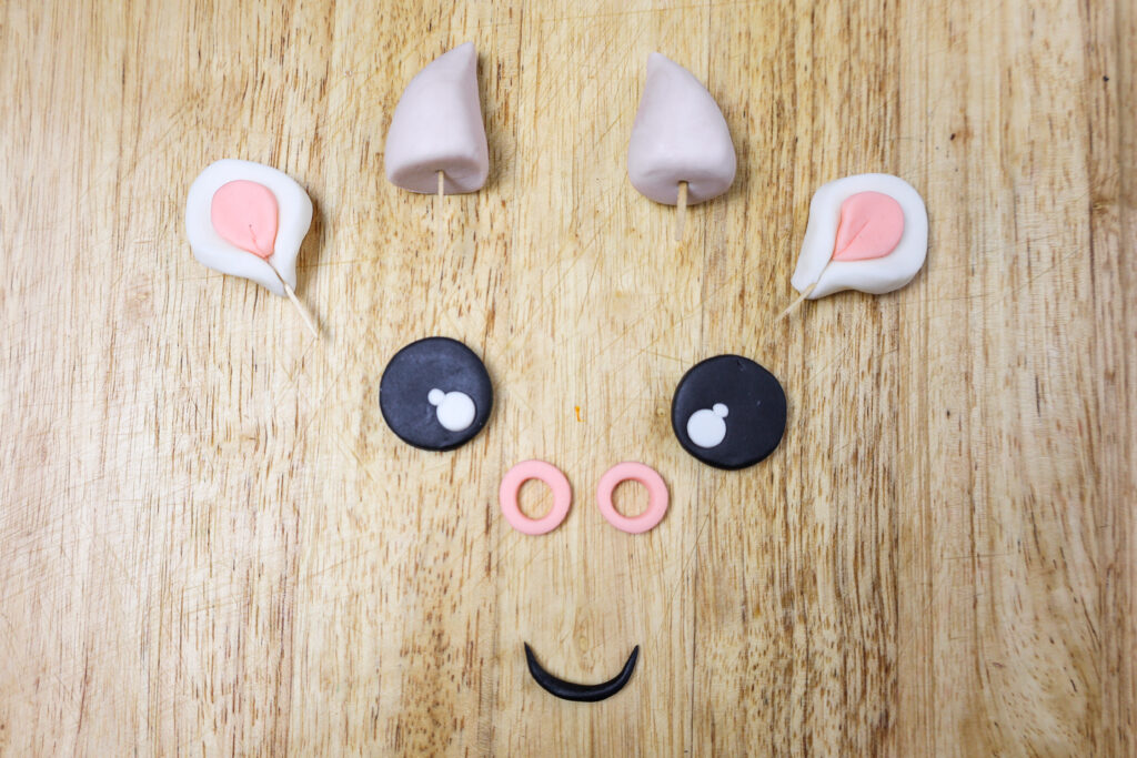 这是一张为牛蛋糕制作的翻糖脸的图像