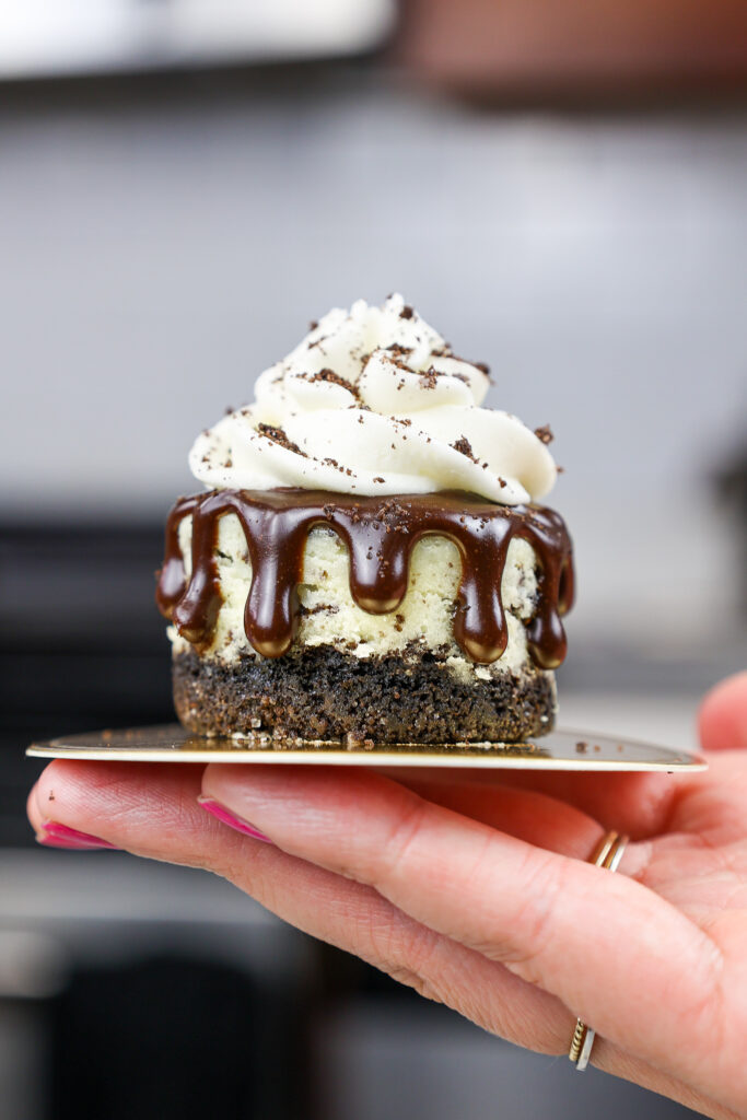 在空中举行的迷你奥利奥乳酪蛋糕的图象显示它有多小