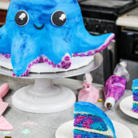 用彩色蛋糕层和自制奶油制成的章鱼蛋糕的图像