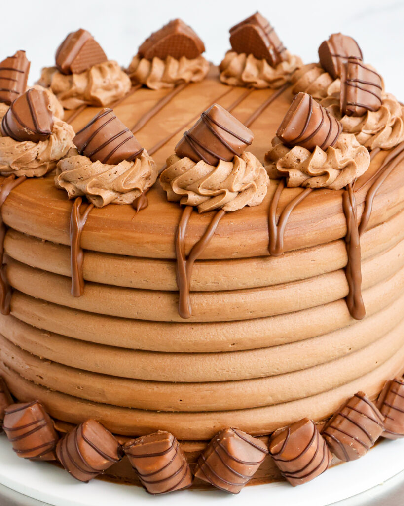 的巧克力榛子蛋糕的装饰着的细雨Nutella和迷你kinder好酒吧